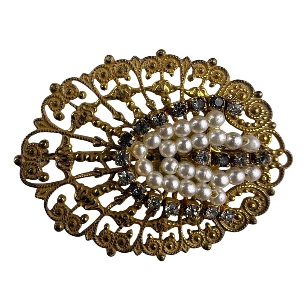 Miriam Haskell Brooch Women Gold Tone Filigree Faux Pearl Rhinestones Oval Desig